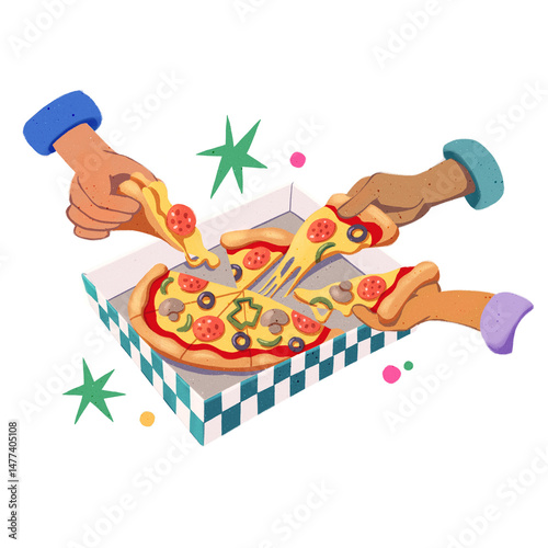 Diverse Hands Sharing Pizza Slices from Box Illustration