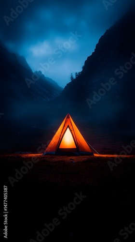 Luminous Orange Tent in a Dark Mountain Pass at Night