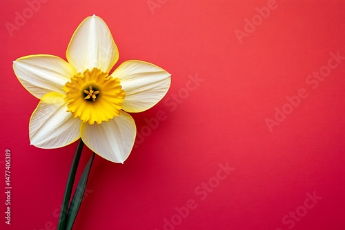 Single daffodil bloom against red backdrop