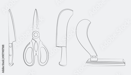 Line drawings illustrate traditional and modern cutting tools including kitchen knives, scissors, machete, and sickle. Ideal for cooking.