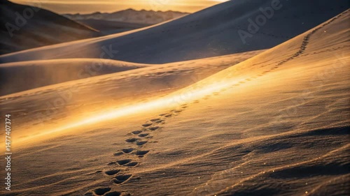 Footprints trail across gently sunlit sand dunes at sunrise, creating a serene desert landscape.
