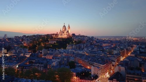 4k Aerial Views of Basilica of the Sacred Heart at night in Paris. France