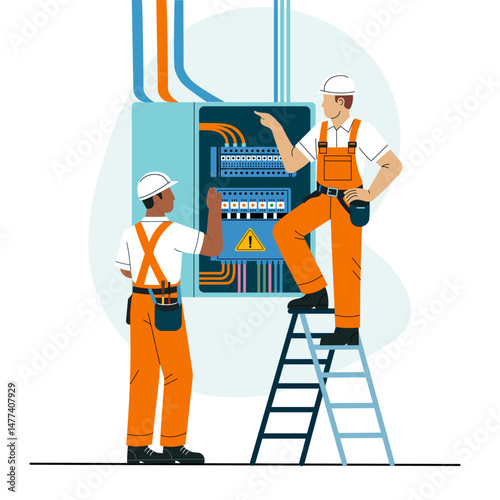 Electricians Inspecting Electrical Panel – Maintenance and Safety Concept