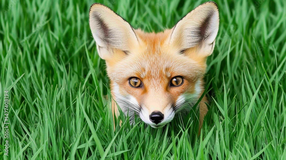 Obraz premium Curious Red Fox Peeking Through Lush Green Grass in Nature Scene