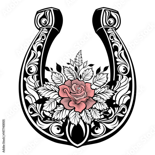 Horseshoe icon with flower. . Silhouette horseshoe. Symbol of happiness and wealth. Vector illustration