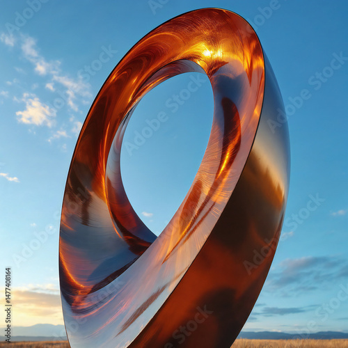 A captivating view of a sleek, abstract sculpture made of polished metal. Its graceful curves catch the sunlight, set against a clear sky.