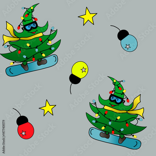 A fun and playful Christmas pattern featuring a snowboarding tree, colorful baubles, and stars set against a light gray background
