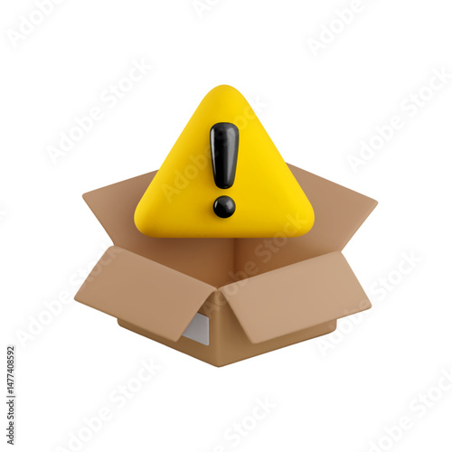 Vector cartoon 3d delivery problem icon. Realistic 3d open cardboard box, exclamation mark yellow triangle symbol. Missing parcel, cargo troubles, attention signal, order error shipping information.