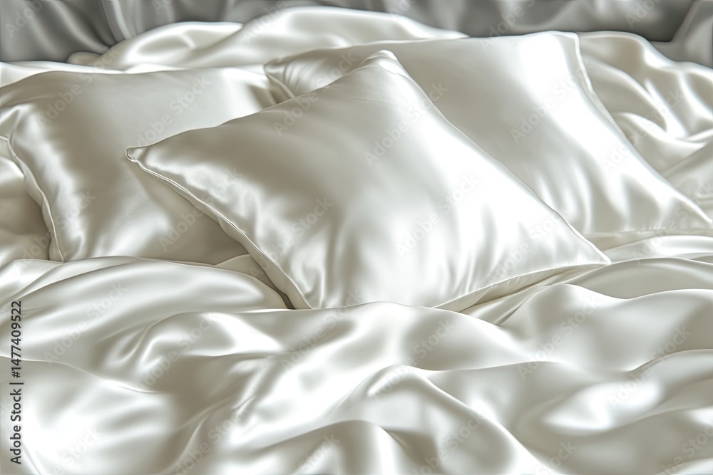 Luxurious ivory silk bedding, draped pillows and sheets. Smooth, flowing fabric Luxurious ivory silk bedding, draped pillows and sheets. Smooth, flowing fabric