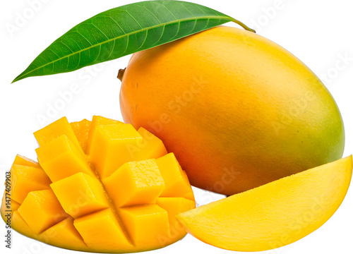 Juicy Alphonso Mango Still Life: Whole Fruit, Slice, and Diced Portion with Vibrant Yellow and Green Tones on a Clean Background photo