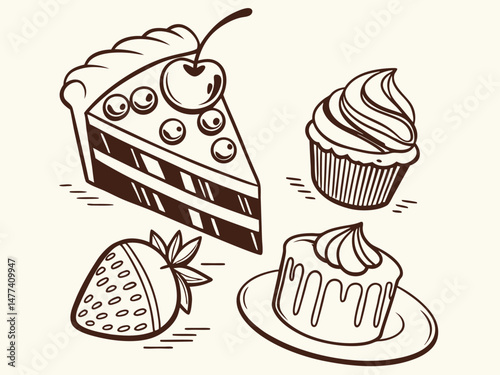 Bakery & Desserts Line Art Clipart Set – Hand-Drawn Vector Illustrations