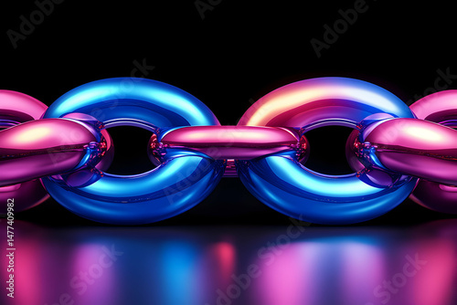 Abstract close-up of a vibrant pink and blue metallic chain, reflecting light. Ideal for concepts of connection, teamwork, and technology.