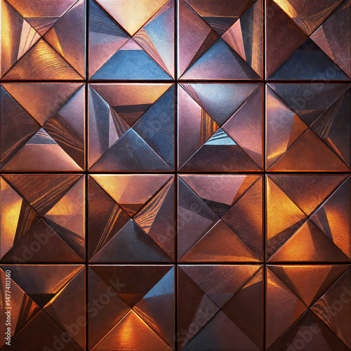 The geometric pattern in copper metallic tiles provides a sense of luxury, modern architecture, and creative artistry.