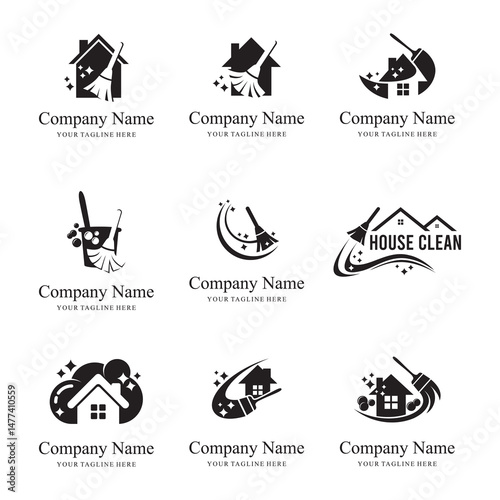 Set of House Cleaning Service Logos in Modern Black-White Design