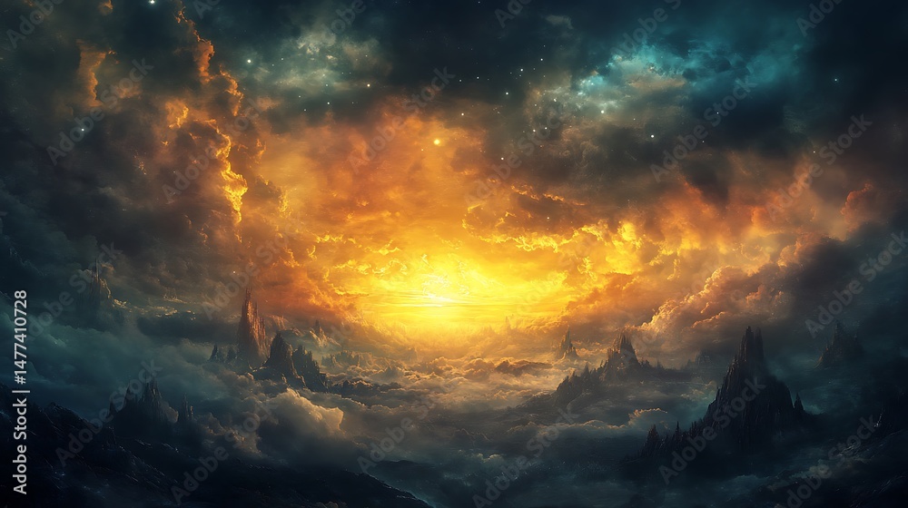 Naklejka premium Dramatic celestial landscape with luminous sky and ethereal atmosphere.