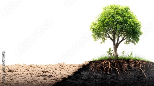 Photograph of a single tree with one side lush and verdant the other side burned and lifeless symbolizing the devastating effects of deforestation and environmental degradation on nature