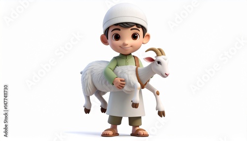 Cute 3D cartoon illustration of a Muslim boy wearing traditional clothing while holding a goat, symbolizing Eid al-Adha celebrations. Suitable for Islamic holiday content and religious education.