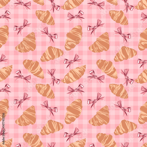 Seamless Pattern of Croissants and Bows on a Pink Checkered Background, Gingham