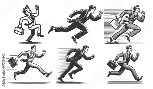 businessmen in suits running quickly with briefcases Set collection bundle sketch engraving generative ai vector illustration. Scratch board imitation. Black and white image.