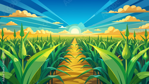  vast field of vibrant green corn stretches toward the horizon, each stalk standing tall under the golden rays of the sun. The sky is a brilliant blue, dotted with fluffy white clouds, casting soft sh