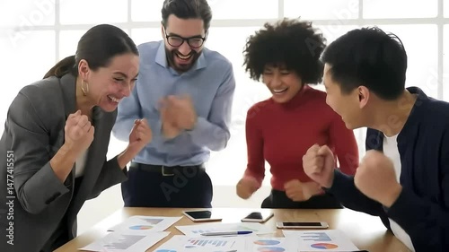 Business Team Celebrating Success with Rising Graphs and Charts

