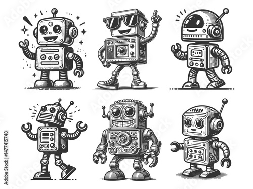 happy and expressive retro robots Set collection bundle sketch engraving generative ai vector illustration. Scratch board imitation. Black and white image.
