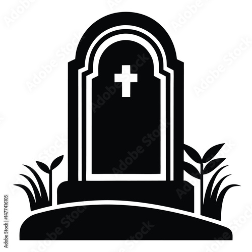 Cemetery Tombstone with Cross Silhouette Surrounded by Grass, Funeral or Grave Symbolism