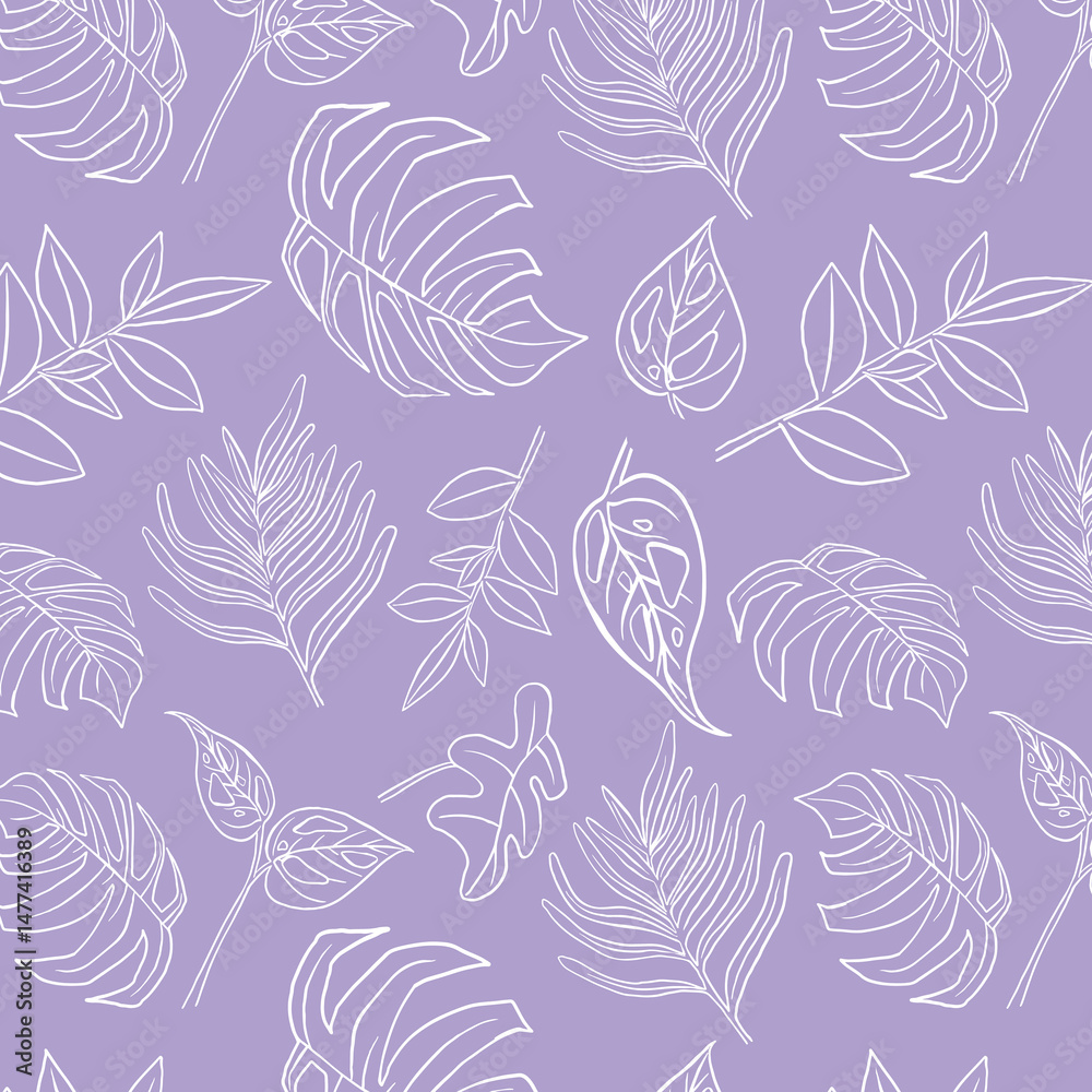 Fototapeta premium Tropical Monstera Seamless Leaf Pattern. Vector floral background in a trendy minimalistic linear style in pastel colors for printing packaging, fabric, t-shirts, covers, posters
