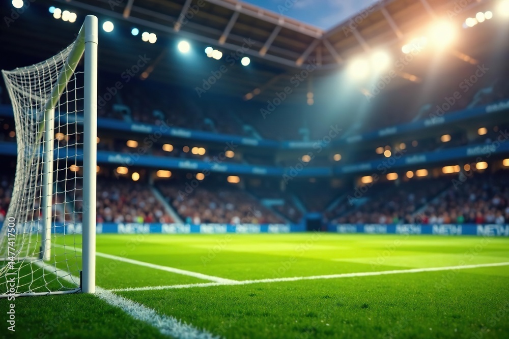 Fototapeta premium Soccer goal net, close-up view showing detail of netting and frame , netting, support, score