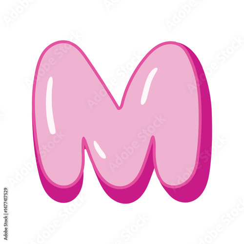 Glossy pink letter M in cartoon bubble style. Cute and playful 3D alphabet design . Isolated on white background