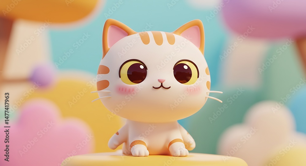 Fototapeta premium Adorable Cartoon Kitten, 3D Render, Pastel Background