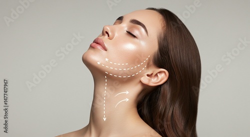 Woman undergoing neck lift surgery, demonstrated by arrows indicating skin tightening, in a studio setting with a light background.