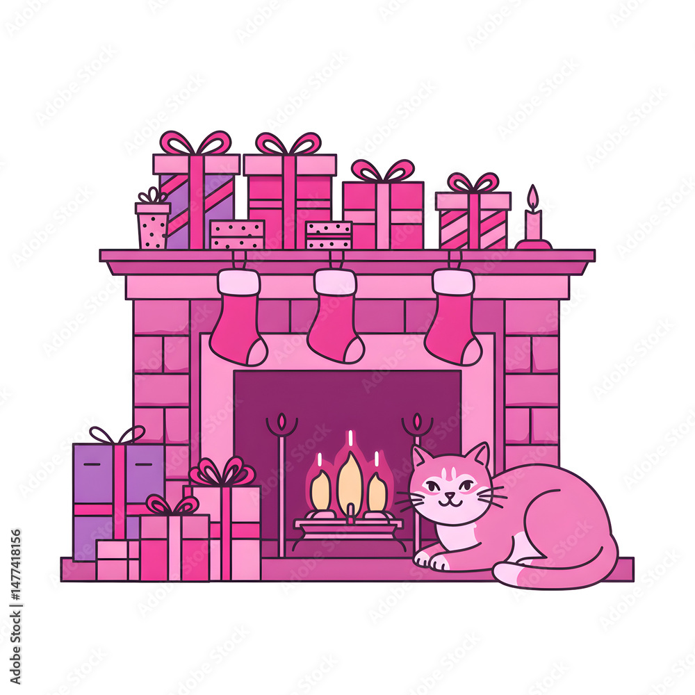 Fototapeta premium 暖炉の優しいピンク色 猫とクリスマスの贈り物