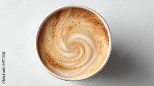 Latte coffee in a paper cup viewed from above white background