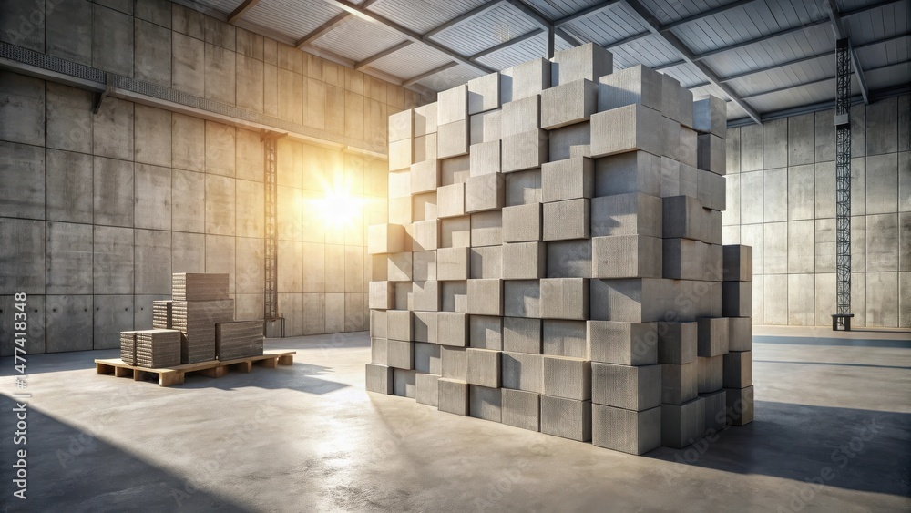 Obraz premium Sunlit Industrial Space Featuring a Large-Scale Modular Concrete Block Installation and Smaller Stacked Cubes on a Pallet
