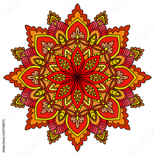Mandala ornamental round lace ornament, vibrant mandala bursts with color and intricate detail, Flower Mandala. Vintage decorative elements. Oriental pattern, vector illustration. Bright color 