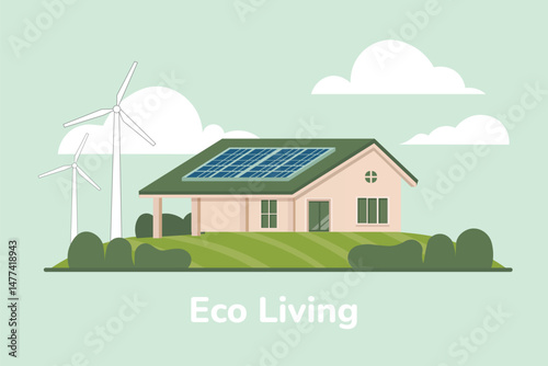 Eco friendly house with solar panels and wind turbines, surrounded by greenery under cloudy sky