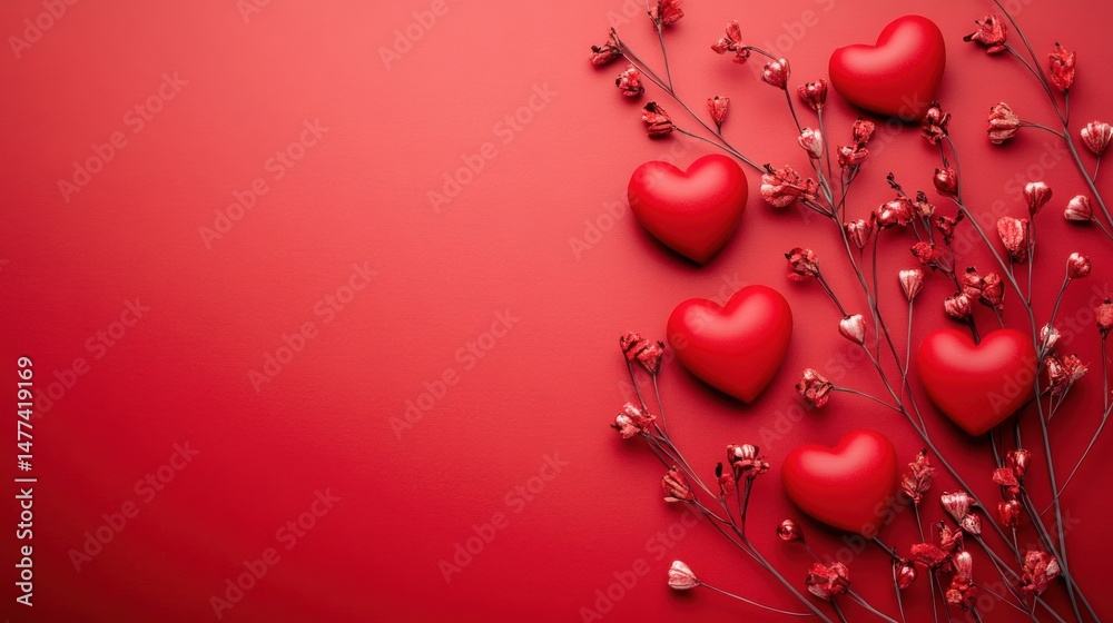 Obraz premium Happy Valentines Day card, background for celebration. A dynamic display of red hearts on a rich red background with sparkling elements.