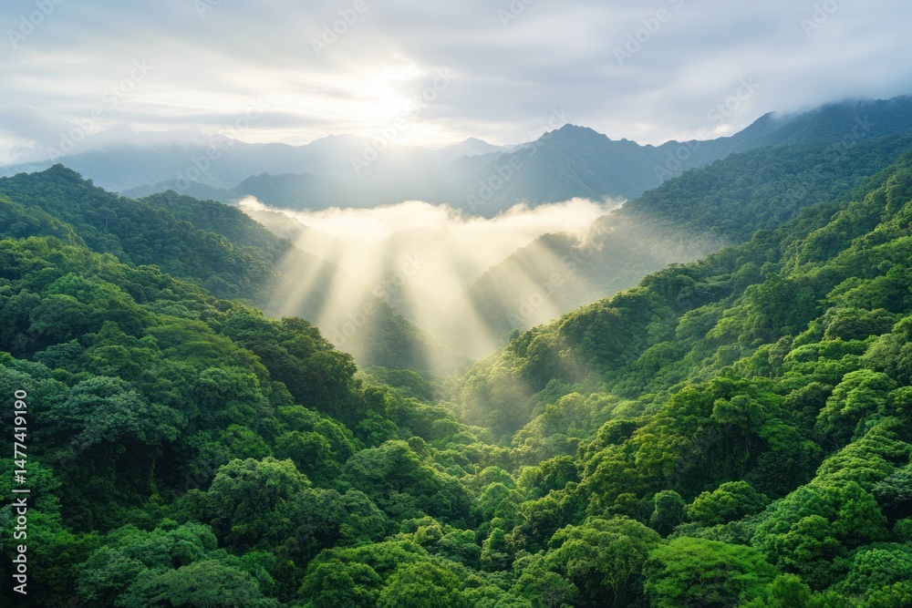 Obraz premium A green forest under sunlight, highlighting the role of photosynthesis in maintaining life on Earth