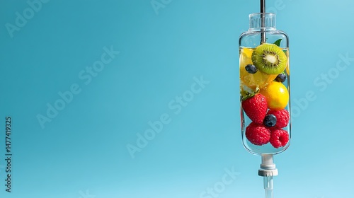 Iv drip filled with fruits isolated on blue background, iv vitamin therapy concept