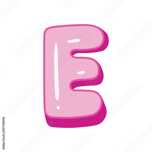 Glossy pink letter E in cartoon bubble style. Cute and playful 3D alphabet design . Isolated on white background