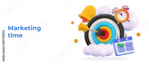 3d Dart arrow hit the center of target Marketing time concept Business finance target Goal of success Calendar, clock and bell notification