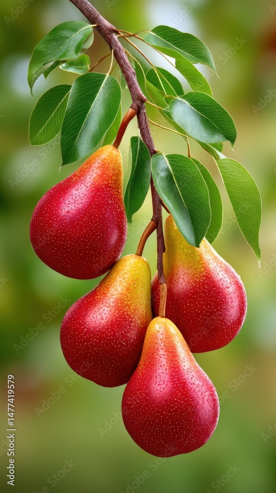 Obraz premium Fresh Red Pears on Branch with Green Leaves in Natural Setting