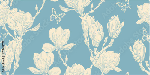 Elegant seamless vector pattern with hand-drawn magnolia flowers and butterflies on soft blue background. Vintage botanical design for wallpaper, fabric, and wrapping paper