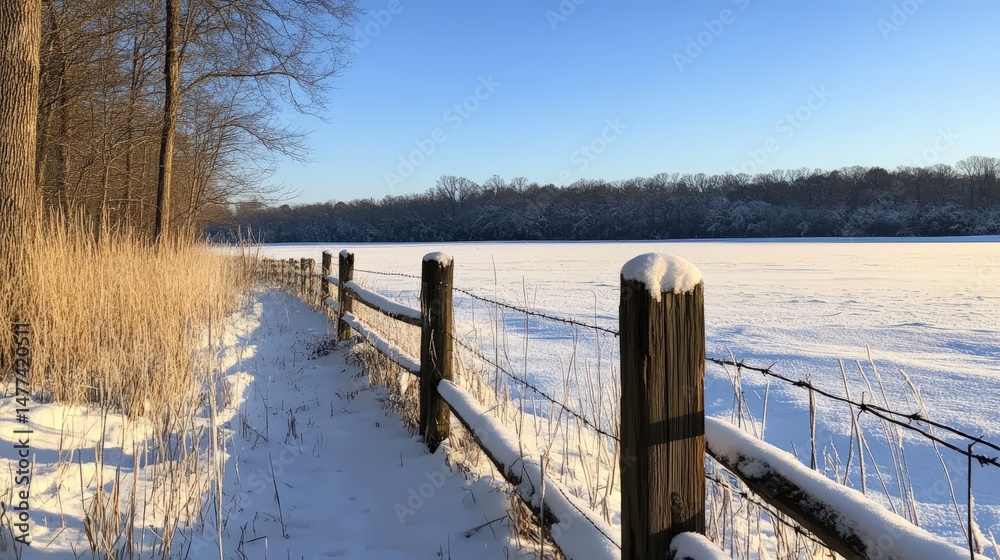 Fototapeta premium Snowy winter landscape with a wooden fence.