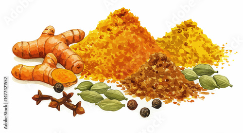 Delicate Watercolor Illustration Of Garam Masala Ingredients Artistically Arranged To Showcase Their Vibrant Colors And Textures Evoking A Sense Of Warmth Authenticity And Culinary Spice