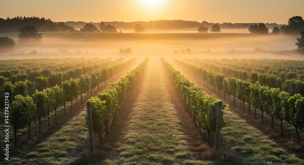 Fototapeta premium Vineyard at Sunrise with Fog