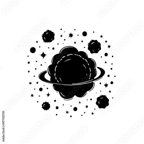 Monochrome depiction of an enigmatic planet adorned with celestial ornaments