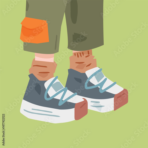 Colorful Cartoon Hiking Shoes Illustration. Cartoon-style image of chunky sneakers with high socks and rolled olive-green pants. Bright, playful flat design with bold colors and casual hiking vibes.