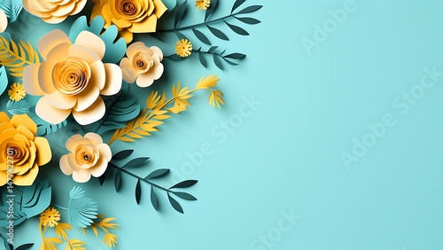 Elegant paper cut floral arrangement on a teal background with artistic shadow effects and color contrast
